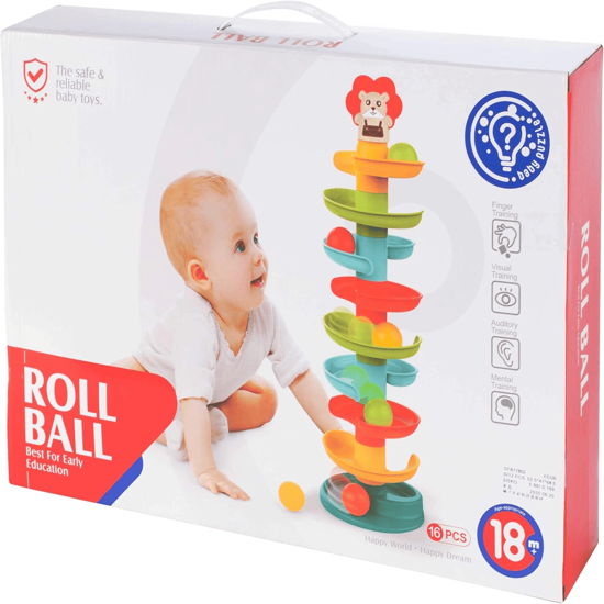 Picture of multi-coloured tower with balls and animal figure on the top